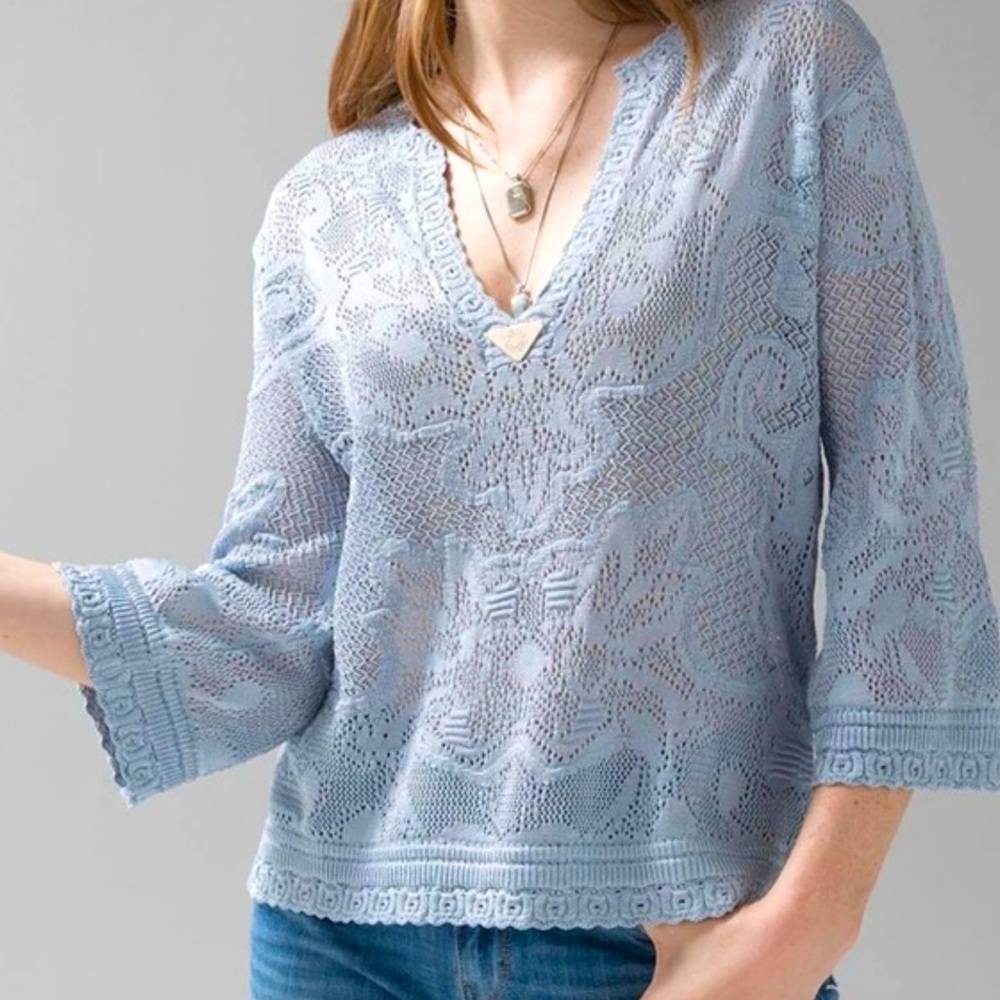 White House Black Market Pointelle Stitch 3/4 Sleeve Sweater M Blue - Picture 3 of 14